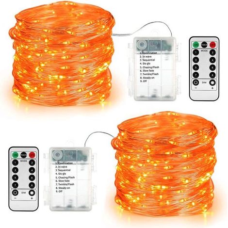 Juego de 2 guirnaldas de luces LED a pilas，10 m，100 LED，con mando a distancia，8 modos de iluminación，resistente al agua IP20，Morado oscuro (1/5)