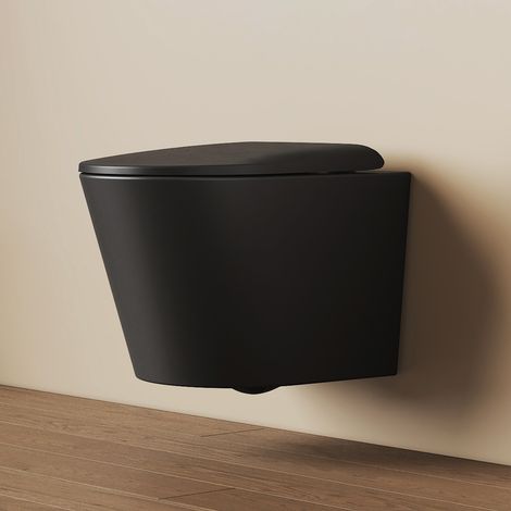 EMKE Toilette Spülrandlos WC mit Direkter Spülung Wandmontage Hänge-WC 36x36.5x49cm D-Form Hochtemperaturkeramik Mattschwarz