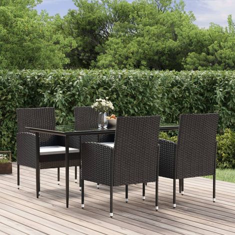 Ensemble de salle à manger de jardin 5 pièces avec coussins noir résine tressée, table 160x80 cm et chaises inclinées pour terrasse (1/5)