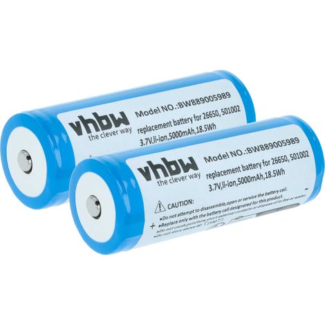 vhbw 2x Akku Ersatz für Ledlenser 501002, 04058205009263, 26650 für Taschenlampe Kopflampe (5 Ah, 3,7 V, Li-Ion)