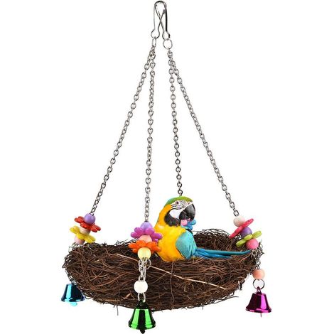 Nid suspendu oiseaux tissé rotin naturel clochettes intégrées nichoir maison perroquets conures aras cockatiels idéal volière (1/5)
