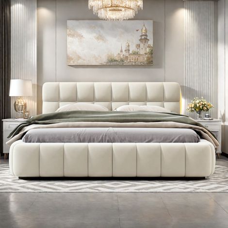 Lit double 140 x 200 cm, Lit bubble avec tête de lit rembourré, Lit adulte avec sommier à lattes, Lit adulte, Lit plat, Lit bas, Tissu lin, Beige (1/5)