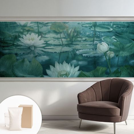 Papier peint intissé mural avec colle pour salon et chambre Décoration murale rapide - Colle incluse gratuite Fleurs aquatiques 250x104 cm (1/5)