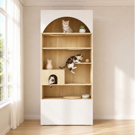 Meuble pour chat avec niche, plateformes et rangement 90 x 50 x 200 cm blanc effet bois (1/5)