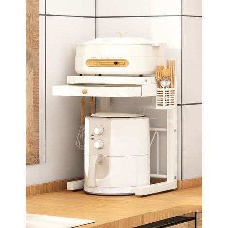 Ripiano portaoggetti per cuociriso, supporto per elettrodomestici da cucina, doppio strato scorrevole, bianco (con porta bacchette + 3 ganci) (1/4)