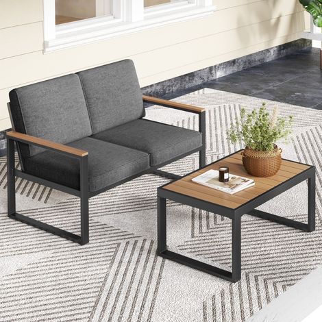Salon de Jardin 2 Pièces avec Table Basse Causeuse Ensemble de Meubles d'Extérieur en Aluminium avec Accoudoirs Gris (1/3)