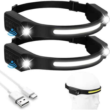 2PC Lampe Frontale Rechargeable, Lampe Frontale LED Rechargeable USB, 600 Lumens IPX4 Étanche Mouvement Lampe, 5 Mode d’Éclairage Détecteur Pour Camping Randonnée [Classe énergétique A+++] (1/5)
