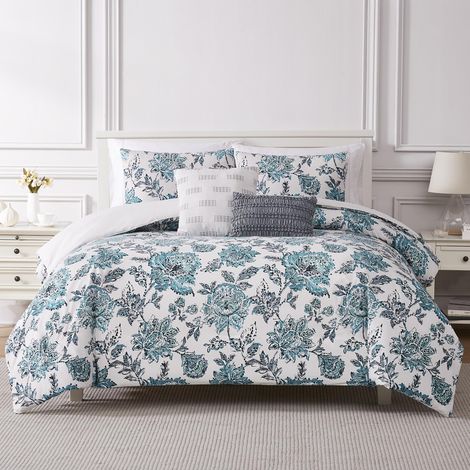 Couette Douce, taies d'oreiller et 2 oreillers décoratifs, Polyester, Blanc/Bleu Sarcelle, Grand lit (1/5)