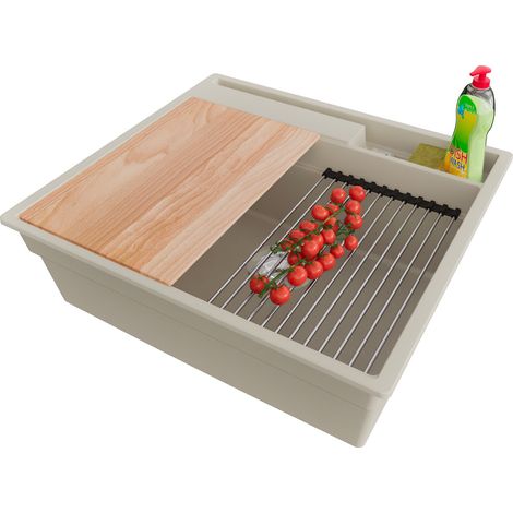 PRIMAGRAN Evier Cuisine en Granit 58x53cm,Lavabo 1 bac + Kit de Vidage + Accessoires, Évier à Encastrer au meuble 60cm - Oslo Pocket, Beige (1/5)