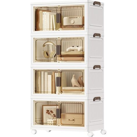 Boîte de rangement en plastique avec couvercle - Boîte de rangement empilable à quatre niveaux - Avec porte et roulettes - Pliable - Blanche (1/5)