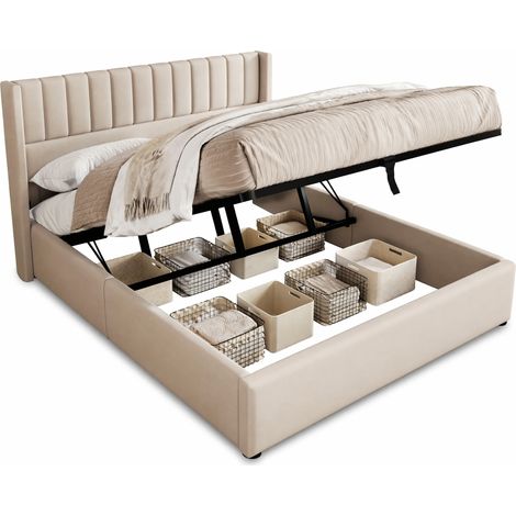 Lit coffre 180x200 cm capitonné hydraulique avec grand rangement, sommier relevable, tête de lit rembourrée, tissu beige, structure bois et métal CHICFURN (1/5)