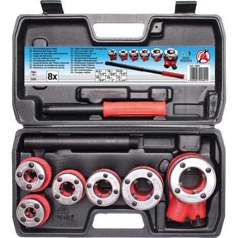 Coffret de 8 filières de plomberie – Pour tuyaux en acier galvanisé – Support de douille avec cliquet – Boîtier PVC rigide
