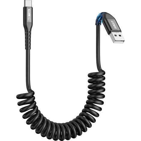 Câble Spiralé USB C, 1Pièces 1.8M [Longueur Confortable: 0.5-1.2M] USB vers USB-C et Câble de Données pour Android Auto, CarPlay, iPhone Série 17/16/15, Galaxy S24 Ultra, Pixel, Xiaomi - Noir (1/5)