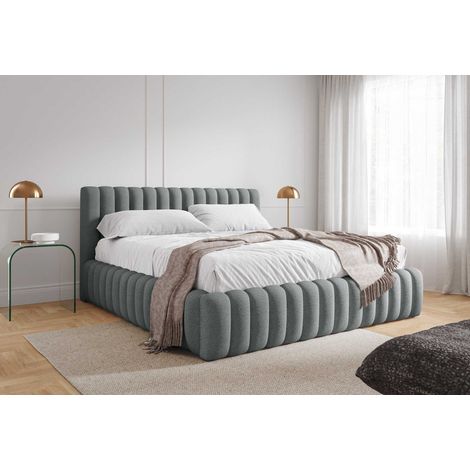 Emporius Lit bouclé 160x200 cm Livia, sommier métallique, coffre de rangement - lit rembourré gris clair (1/5)