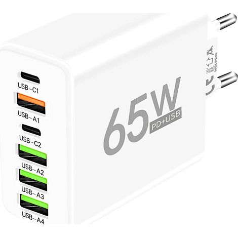Chargeur USB 6 ports 65 W à charge rapide, adaptateur chargeur mobile multiport pour iPhone, Samsung, Xiaomi, Huawei, chargeurs USB Type C (1/5)