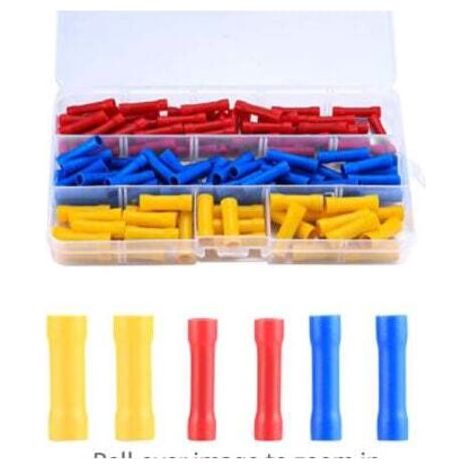 120 Elektrischer Steckverbinder, Isolierhülse, Kabelschuh, Crimp-Kabelschuhe, gerade elektrische Draht-Crimpklemmen, Crimp-Steckverbinder für Kfz-Elektrokabel (Blau, Rot, Gelb) (1/5)