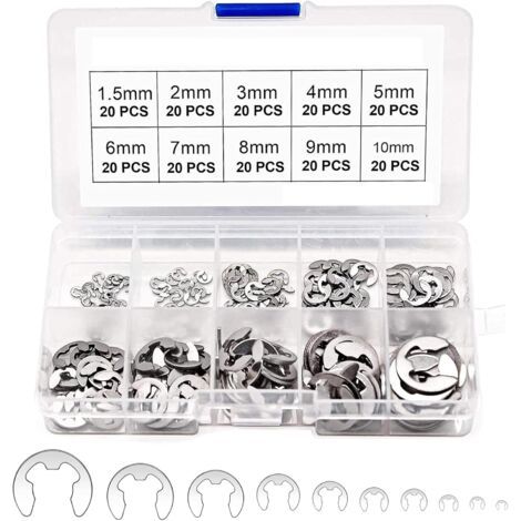 Kit de 200 circlips en acier inoxydable – Anneaux de retenue externes pour rainures – Tailles de 1,5 à 10 mm – Résistants à la corrosion (1/5)