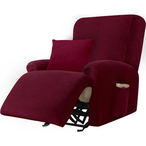 Stretchhusse für Relaxsessel, 4-teilig, Samt, mit 2 Taschen, Rot, 1 Sitzer (1/5)