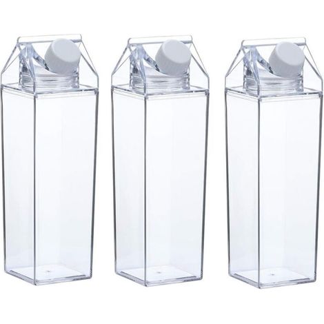 Set mit 3 durchsichtigen, quadratischen Milchflaschen aus Pappe, auslaufsicheren Plastikbechern (1000 ml) (1/4)