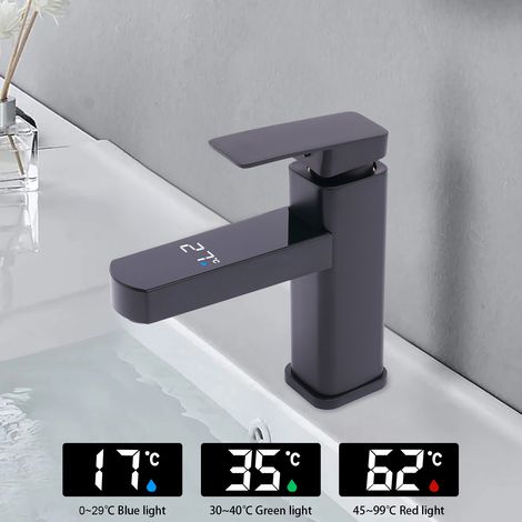 LED Waschtischarmatur Schwarz Wasserhahn Bad Waschbecken Mischbatterie Einhebel Kalt und Heißwasser Wasserfall Waschtischarmatur mit Digitaler Anzeige