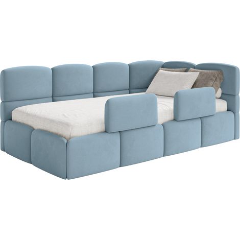 Selsey Cloudy – Kinderbett 120x200, Kopfteil rechts, Matratze & Bettkasten, Samt Hellblau