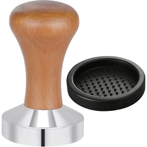 Presse-café 51 mm avec manche en bois et tapis en silicone - Tampon à café en acier inoxydable - Pour machine à expresso, cafés et amateurs de café (1/5)