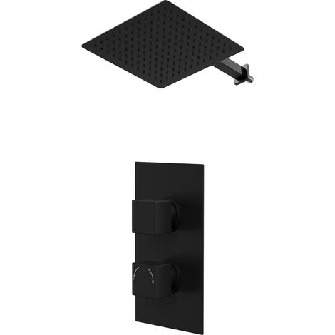 Colore Square Matt Black Concealed Twin Thermostatic Shower Valve and 300mm Thin Square Fixed Head with Wall Arm - 1 Outlet (1/5)