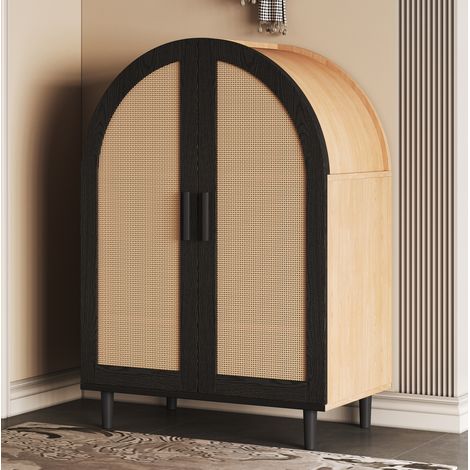 Scarpiera in MDF e truciolare naturale/nero, 2 ante in rattan, 3 ripiani di cui 2 regolabili, 70 x 40 x 100 cm (1/5)