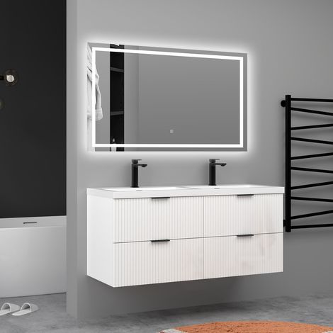 AICA Meuble de salle de bain suspendu Strié Brillant 120cm avec simple lavabo + 4 tiroirs, Blanc
