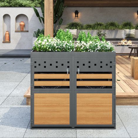 Cache-poubelle double en métal, toit de plante verte plaçable, pour 120-240 litres, boîte de rangement pour poubelles, gris