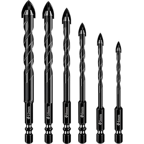 Set di 6 punte da trapano a quattro scanalature per muratura, adatte a cemento, vetro, piastrelle, mattoni, plastica e legno, con gambo esagonale da 6,35 mm, finitura nera, da 4 mm a 12 mm. (1/5)
