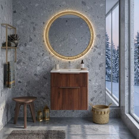 Meuble de salle de bain suspendu 60 cm avec 2 tiroirs et lavabo inclus Noyer Maya – Paso