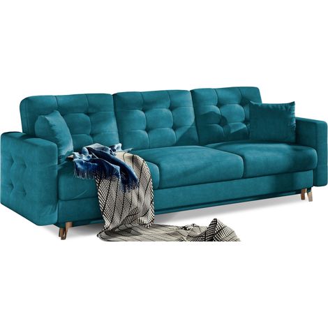 Canapé convertible velours ANSKA - Pieds bois naturel-Bleu canard (1/5)