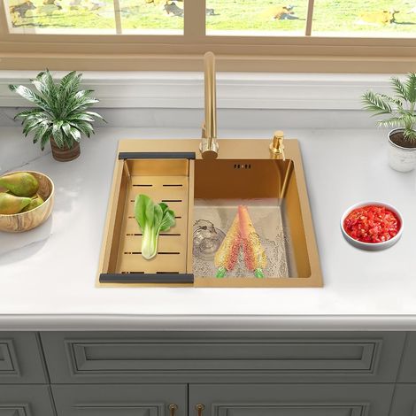 Évier de cuisine en acier inoxydable avec robinet, panier d'égouttement, distributeur de savon, pour restaurants, cuisines, doré, 50 x 45 x 22 cm (1/5)