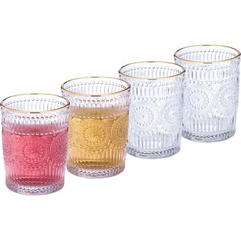 Relaxdays Drinking Glasses Set of 4, Dishwasher Safe, 300ml each, Vintage Glasses with Gold Rim and Pattern, Transparent