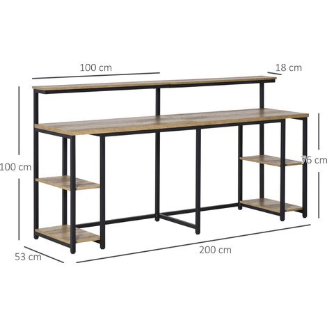 Bureau double de style industriel avec étagères et support pour écran, bureau gain de place pour bureau et étude avec bibliothèque, en métal et MDF, 200 x 53 x 100 cm, noir-brun (1/5)