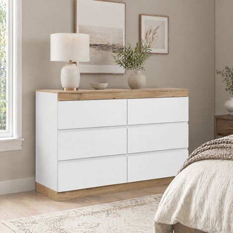 Kommode mit 6 Schubladen, Schließfach,Funktion von Aufbewahrung, für Schlafzimmer und Wohnzimmer, E1-Spanplatte, weiß+oak[OLD SKU:30211011AAA] (1/5)