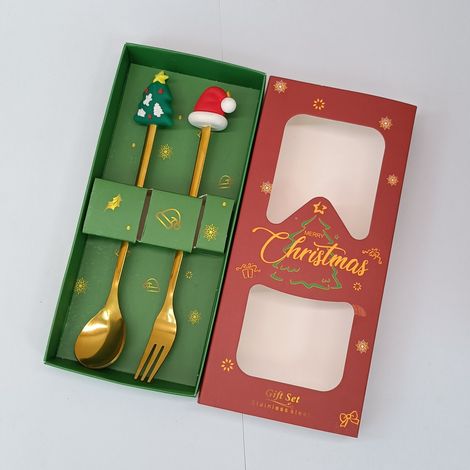 Coffret cadeau cuillère et fourchette en acier inoxydable sur le thème de Noël (ensemble de 2 pièces : petit sapin et bonnet de Père Noël) (1/4)