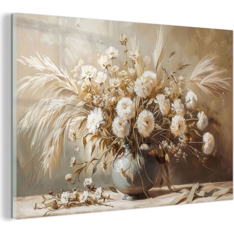 TABLEAU EN PLEXIGLAS Fleurs - Vase - Nature morte - Beige Décoration Murale 120x80 (1/5)