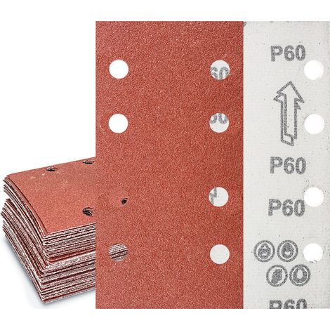 Feuilles abrasives 93 x 185 mm, 8 trous, grain 60, papier de verre carré auto-agrippant à 8 trous Accessoires Ponceuse excentrique Lot de 30 (1/5)