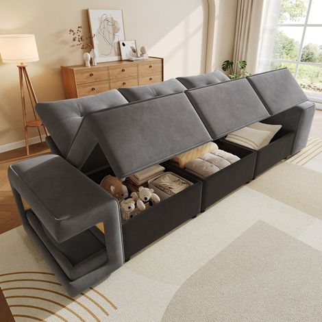 Canapé d'angle modulaire 3 places, design scandinave, accoudoirs épais, sofa nuage avec coffre de rangement intégré, coin cosy pour chien et chat, 2 oreillers inclus – parfait pour séjour et studio, g (1/5)