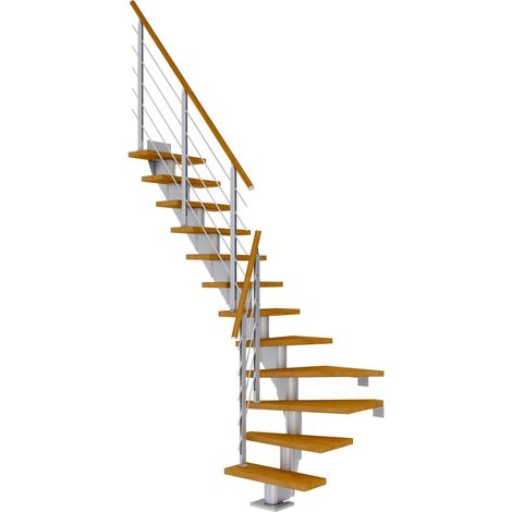 Dolle Mittelholmtreppe Frankfurt 1/4 gewendelt Eiche, geölt 65 cm breit für GH 222 – 258 cm UK Metall Perlgrau mit Geländer