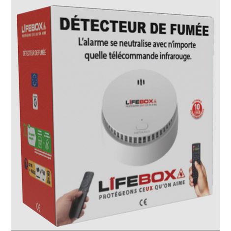 Détecteur de fumée 10 ans – Alimentation pile Lithium – Neutralisation par télécommande TV – Capteur photo-électrique haute sensibilité – Lifebox
