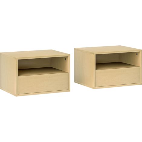 Lot de 2 chevets suspendus en bois naturel avec tiroir et étagère ouverte, 45 x 35 x 27,5 cm (1/5)