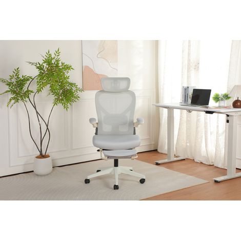 Chaise de bureau ergonomique pliante pour petit espace, soutien lombaire, assise en mousse, accoudoirs relevables, appui-tête 3D, repose-pieds intégré, gris (1/5)