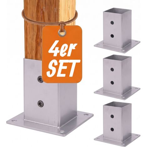 Relaxdays Pfostenträger 4er Set, verzinkt, Pfostenfuß, zum Verschrauben, Holzschutz 7 x 7 cm, Stützenfuß Stahl, silber