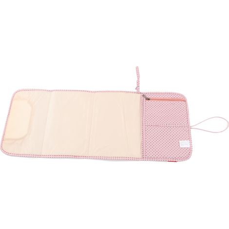 Matelas à langer portable en nylon, confortable, multifonctionnel, imperméable, pour les voyages et la maison, rose à pois blancs. (1/5)