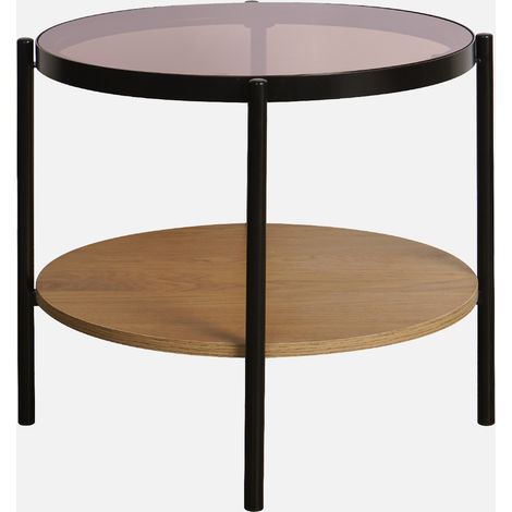 Mesa auxiliar redonda de cristal templado efecto madera y metal negro