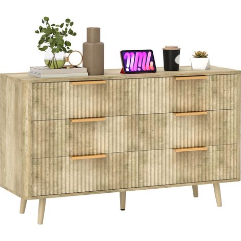Commode 6 tiroirs scandinave avec poignées et pieds de pin, pour chambre à coucher, salon, couloir, 120x40x76cm, chêne (1/5)