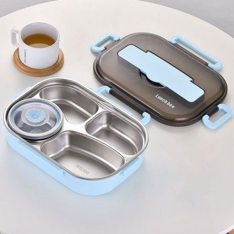 Boîte À Lunch - 4 Compartiments - Acier Inoxydable Et Plastique - Étanche Avec Joint Silicone - Bol À Soupe Intégré - Pour Adulte Et Enfant - 1 Pièce
